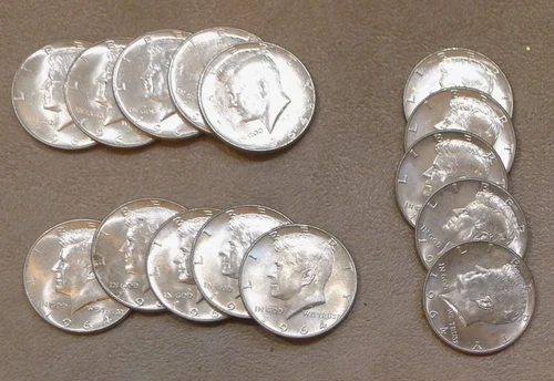 15 Uncirculated 1964-D Kennedy Half Dollars 90% Silver