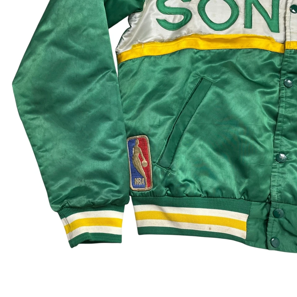 CHAQUETA SATINADA RARA DE COLECCIÓN AÑOS 80 90 NBA SEATTLE SUPERSONICS STARTER HECHA EN EE. UU. L Foto 3 de 4