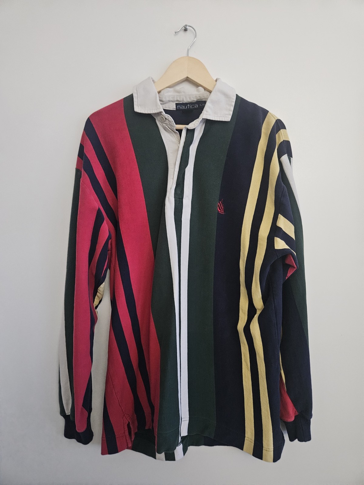 VTG 90s Nautica Vertical Stripe 1/4 Zip Button Rugby Pullover Made in HK Large