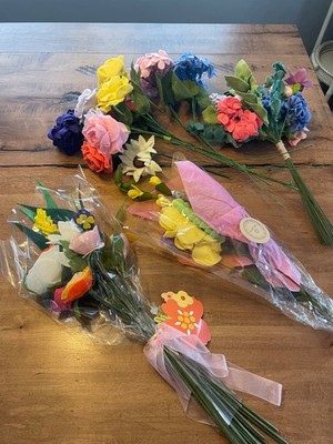 Wool felt flowers lot of 66 stems, assortment, including hydrangeas, roses exc.