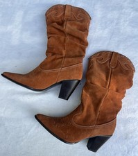 Vtg 80s Womens Rust Suede Boots Heels Shoe Western Cowgirl Size 8