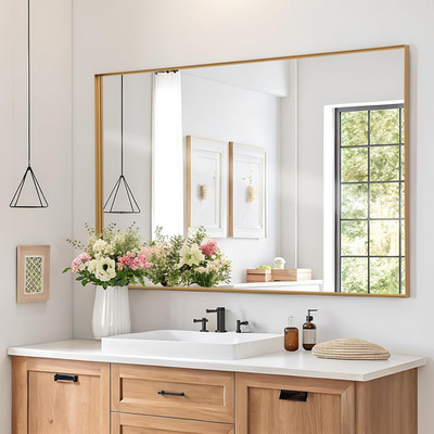 Gold Rounded Rectangle Wall Mirror - 30''x48'' for Bathroom & Living Room