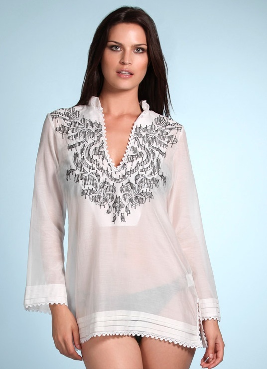 Hale Bob Silk Tunic Swimsuit Cover Up Long Sleeve Beaded V Neck XS NWT 1HOT2783