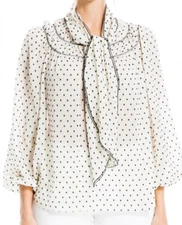 Max Studio Bow Tie Embroidered Blouse Size Large Ivory Clip Polka Dot Work NEW