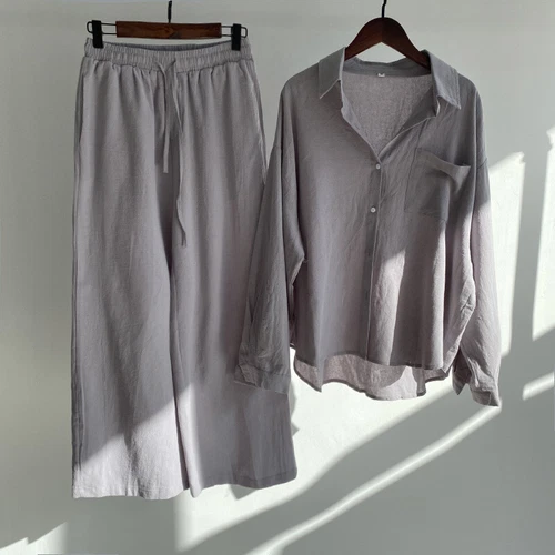 Women 2Pcs Cotton Linen Summer Blouse T Shirt Loose Pants Loungewear Outfit Set - Picture 26 of 40