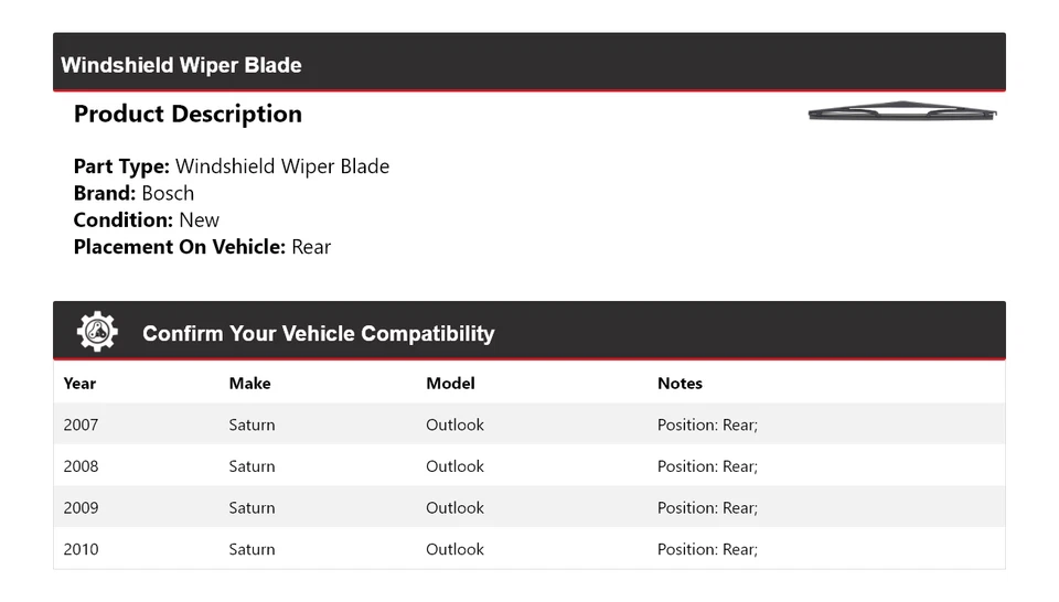 Limpiaparabrisas trasero para Saturn Outlook Bosch 2007-2010 2008 2009 Foto 2 de 3