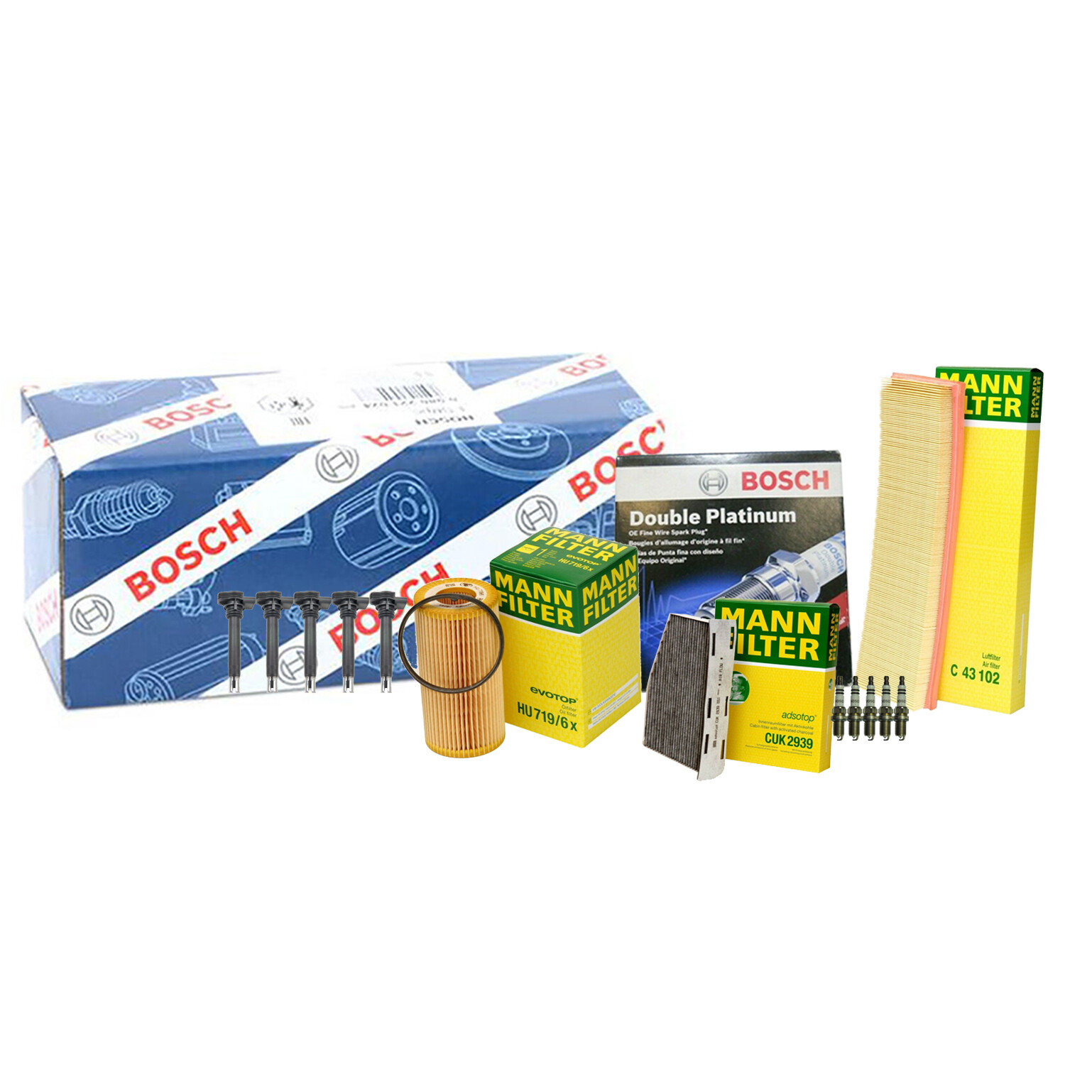 Mann Filters Bosch 5 Coils  5 Double Platinum Spark Plugs Tune Up Kit For VW