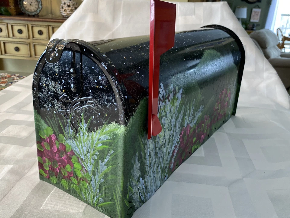 Hanpainted Mailbox Starry Night Country Sky With Barn Mountains And Pink Flowers - Image 2 of 4