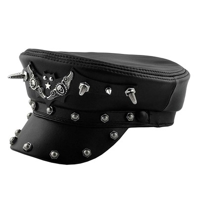 Spike Skull Mens Genuine Leather Hat Biker Punk Rock Cap Hat | eBay