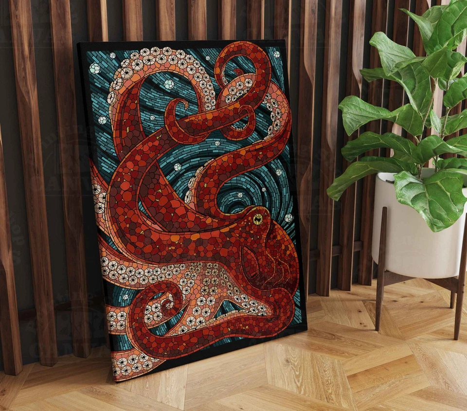 Red Octopus Mosaic Print Asian Wall Art Kraken canvas or poster room home decor - Image 3 of 4