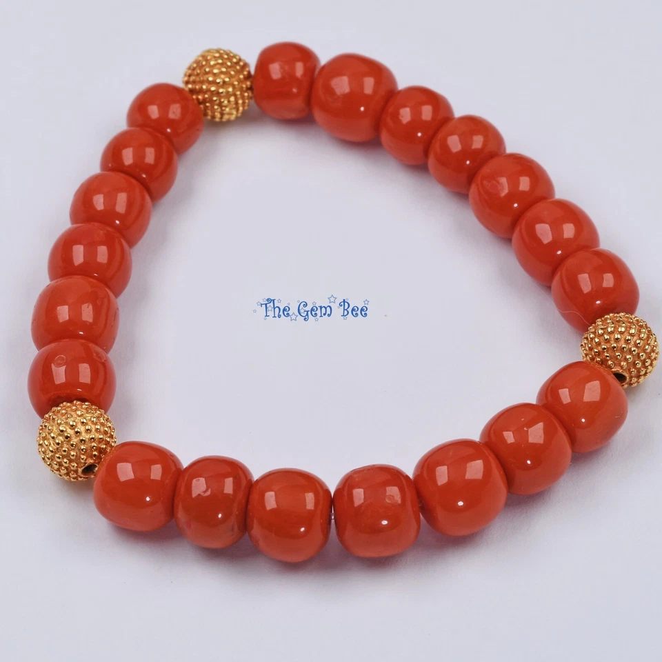 Brazalete elástico 8,5-9,3 mm oro 18K sin teñir barril de cerdeña cuentas de coral rojo 6,8" Foto 4 de 4