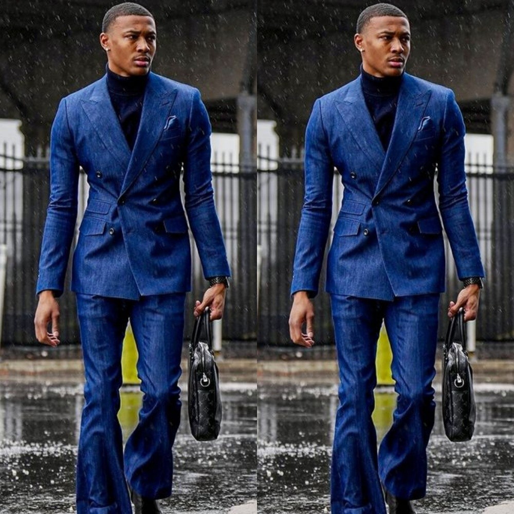 Double Breasted Denim Suit Set for Men with Peak Lapel and Wide Leg Pants
