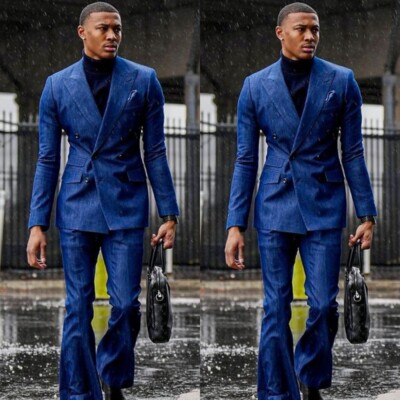 Denim 2 Pcs Men's Suits Double Breasted Peak Lapel Wide Leg Pant Blue Tuxedos