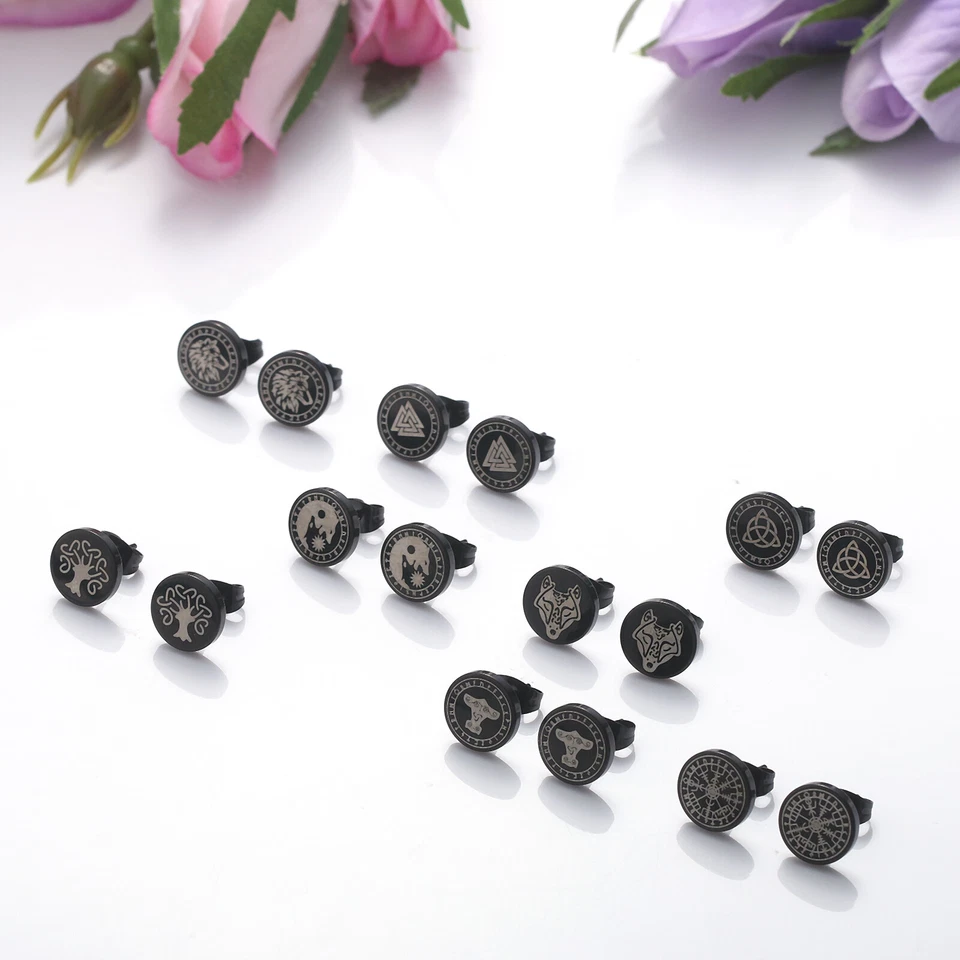 8 pares de aretes de oreja negros de acero inoxidable con runas de lobo vikingo para hombre mujer Foto 3 de 4