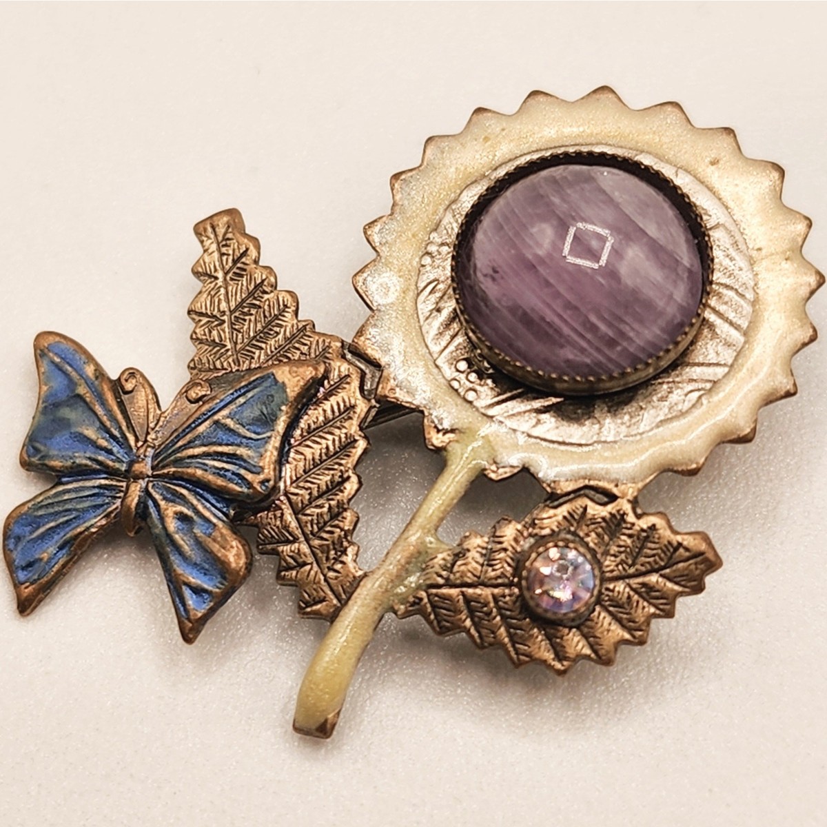 Amethyst Flower Brooch Enameled Brass Figural with Blue Butterfly AB Rhinestone View 6