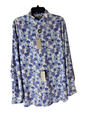 DANIEL CREM[EUX Shirt size Large blue Tropical flowers stretch Linen NWT