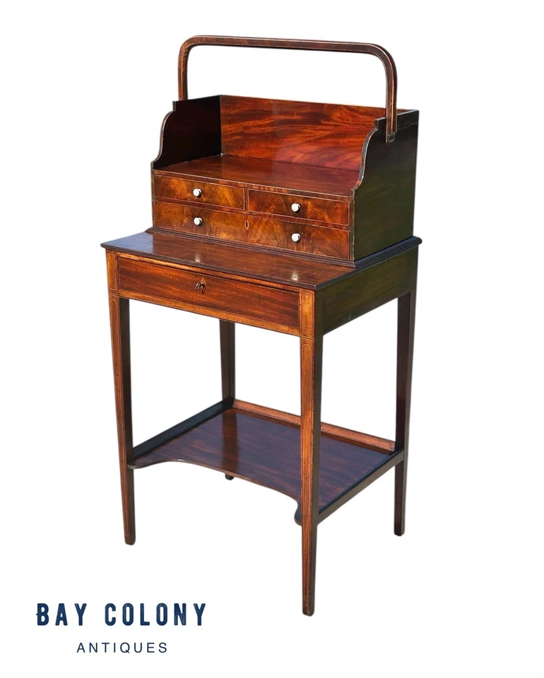 Antigua mesa auxiliar con incrustaciones de caoba Jorge III con sección de trabajo de costura portátil Foto 4 de 4