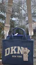 DKNY Hadlee Tote Logo Sky Blue White Gray Stripe Shoulder Strap Canvas Sml NWT