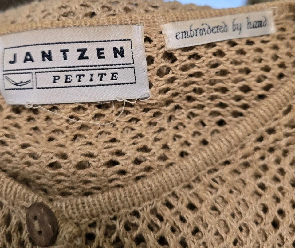 Cárdigan suéter tejido abierto beige bordado a mano vintage años 90 para mujer Foto 4 de 4