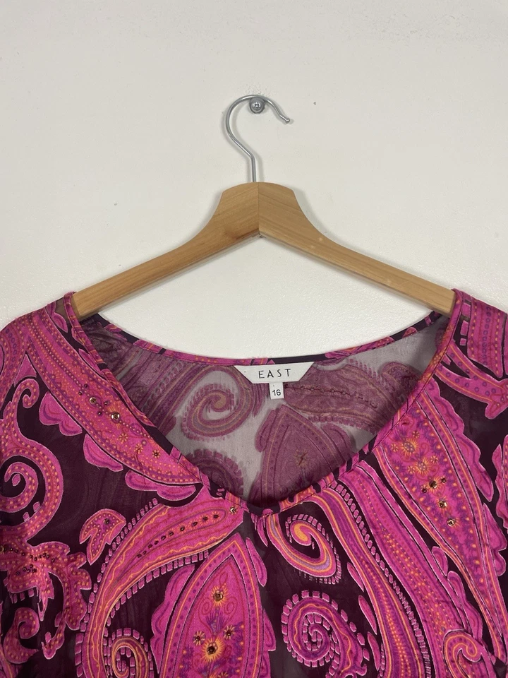 East Pink Paisley Silk Blend Beaded Long Sleeve  Top - Size 16 - Image 4 of 4