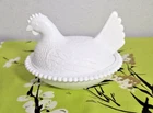 Vintage Indiana Glass Hen on Nest White Milk Covered Chicken Candy Dish 7 Inch
