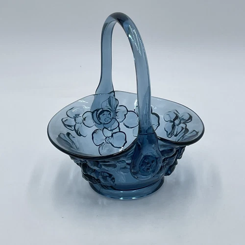 Vintage Fenton Blue Glass Basket with Applied Handle Flowers Floral Design