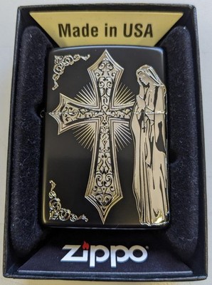 Zippo lighter Virgin Mary Shell Cross Black Nickel Silver 2 Sided Etching New