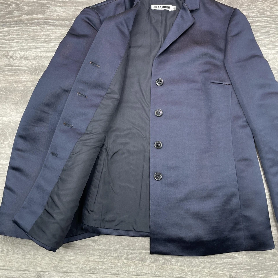 Blazer feminino Jil Sander 42 azul marinho cobre metálico mistura de seda sob medida Itália chique - Imagem 4 de 4