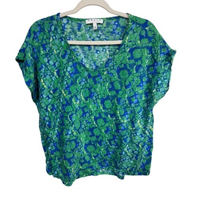 Chaus Women's Large Blue Green Top Women V-Neck Abstract Print Short Sleeve