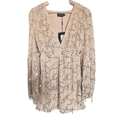 Nwt Pretty Little Things Gold Sequin Dress Size 2 Champagne Long Sleeve Fringe