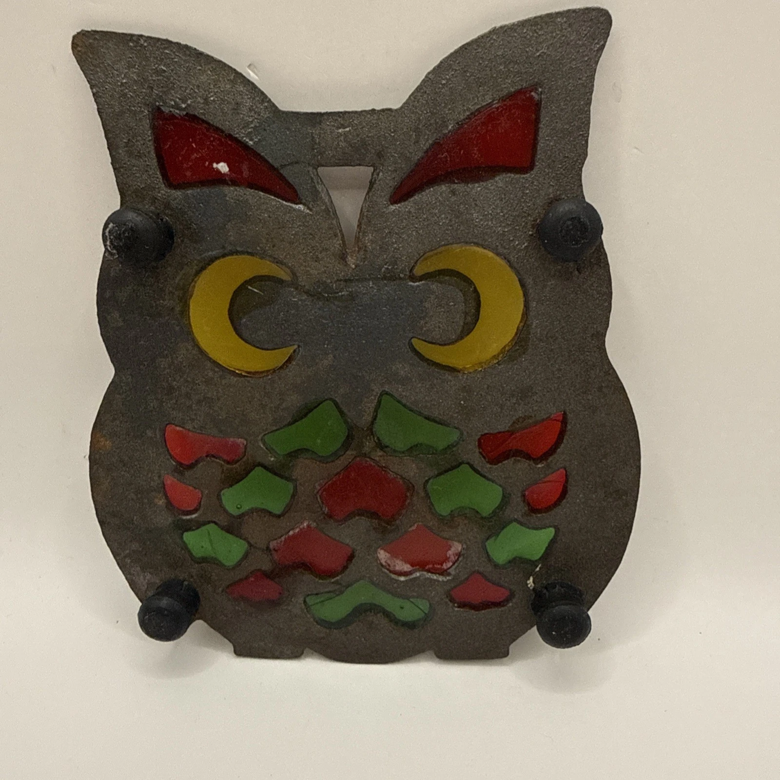 VTG MCM Cast Iron & Stain Glass Owl Trivet 60-70s Kitschy Decor - product detail image 2