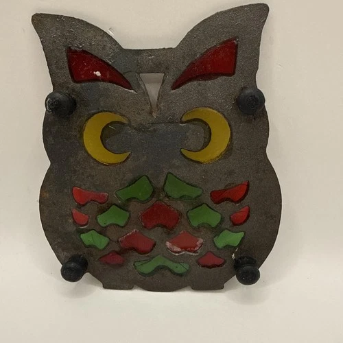 VTG MCM Cast Iron & Stain Glass Owl Trivet 60-70s  Kitschy Decor image 2