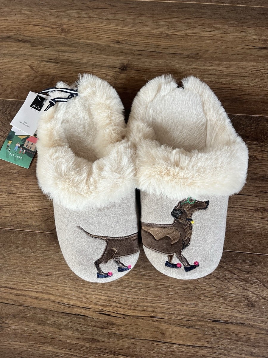 Joules Ladies Slippet Luxe Felt Slippers Size M 5-6 Sausage Dog Design