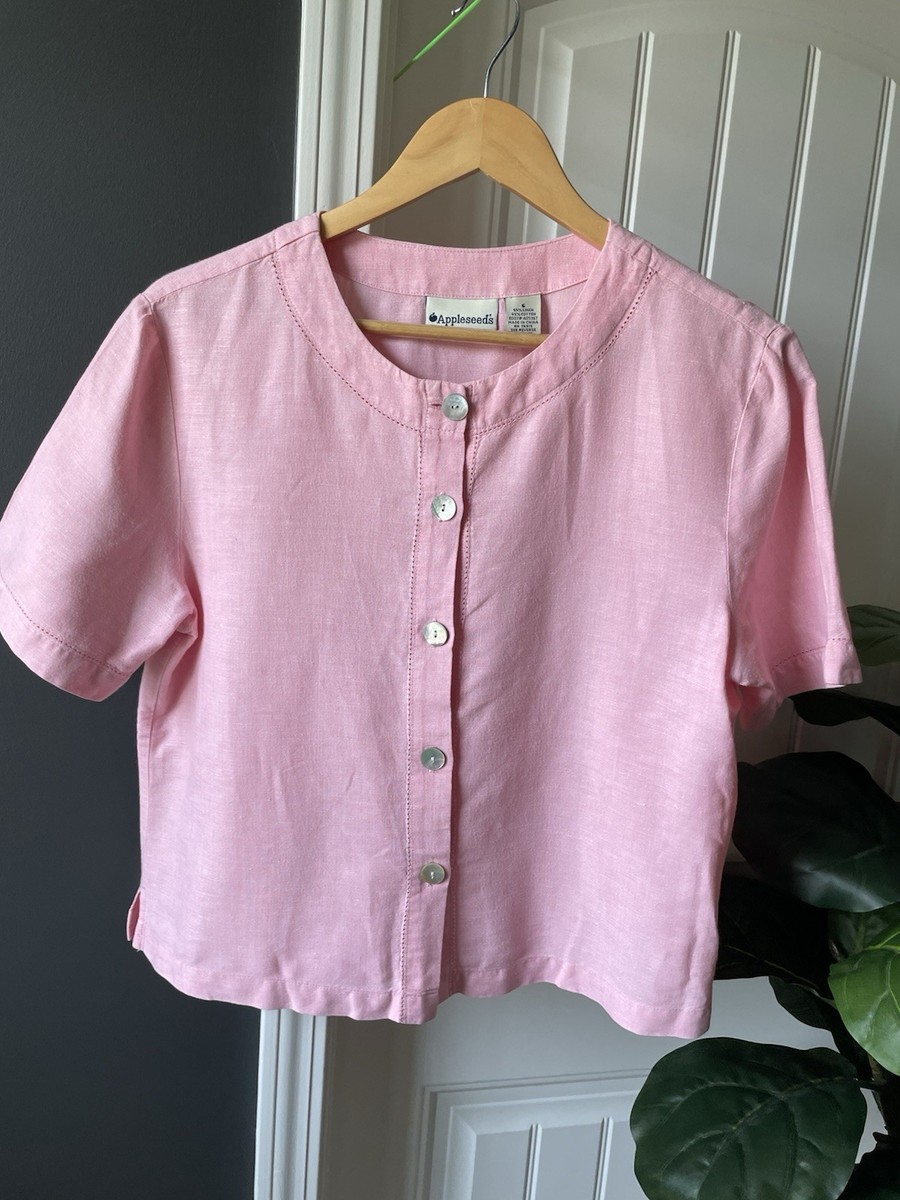Appleseed’s Pink Linen Cotton Woven Blouse Round Neck Button Front S/S 6