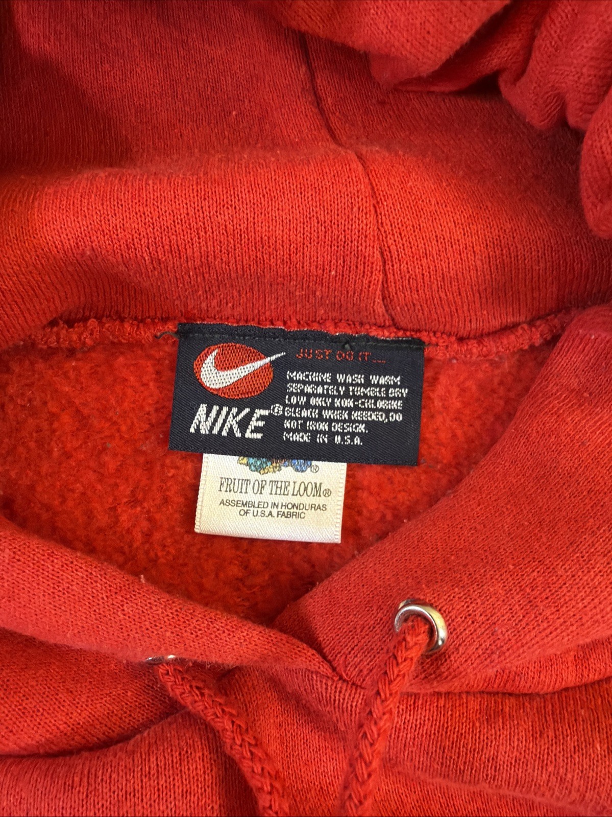 Vtg 90s Nike Center Swoosh Hoodie Red Fruit of the Loom Tag Made in USA XL Rare image 5