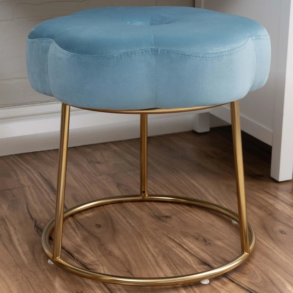 Linon Siena Gold Steel Base Upholstered Flower Shape Vanity Stool in Blue Velvet - Image 4 of 4