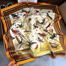 100% Silk Scarf Women Vintage Orange Bird Kerchief Square Bandana Wrap 65*65cm