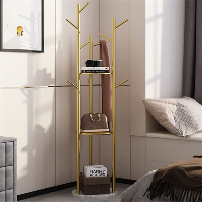 Unho Kleiderständer Marmor Optik – Mit 9 Haken & 3 Ablagen, 112,5 Cm Hoch, Metall-Gold
