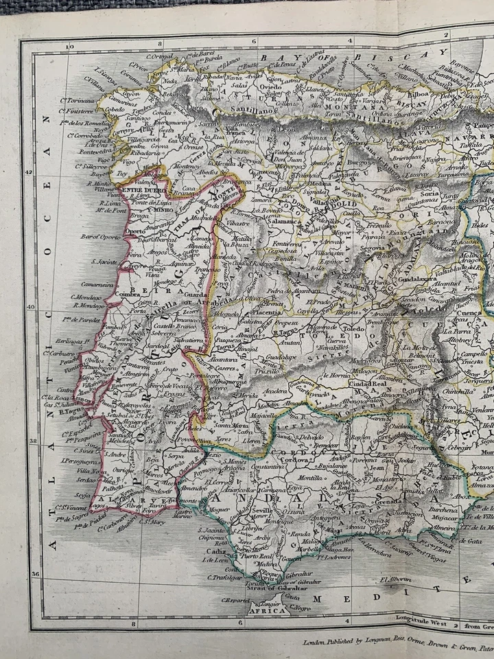1839 Spain & Portugal Orginal Antique Hand Coloured Map by Sidney Hall - Image 2 of 3