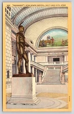 Salt Lake City Utah~Massasoit Statue In State Capitol~Vintage Linen Postcard