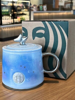Hot Starbucks Creative Double Fishtail Blue Starry Night Ceramic Mug with  Lid | eBay