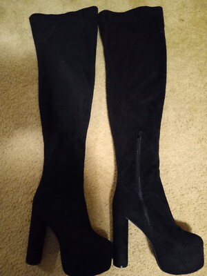 Public Desire Sz US Black Velvet Thigh-High Chunky Zip Heel Boots
