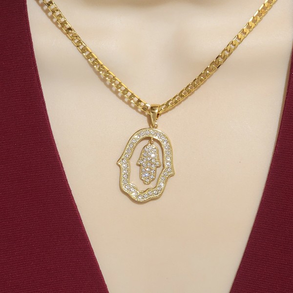 Alternate view of Yellow Gold Plated Hamsa Necklace Fatima Hand God Charm Pendant