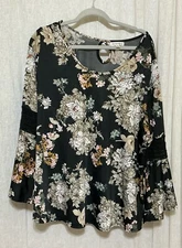 Roommates Woman’s 3X Black Floral Blouse Bell Sleeves Crochet Accent Key Hole