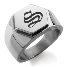 Stainless Steel Old English Monogram Letter S Mens Hexagon Crest Signet Ring
