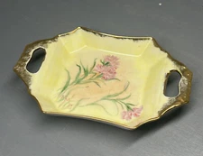 Vintage GERMANY Hand Painted Flower Double Handled Gold Trim Dish / Plate 7.25”