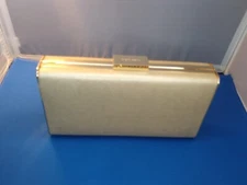 Olga Berg Champagne Precious Metallic Gold Slimline Clutch with Chain Strap 