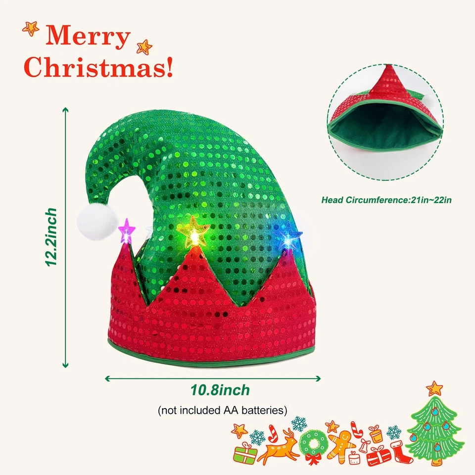 Elf Hat,Christmas LED Santa Hats,Light Up Elves Caps Costume Accessory,Funny ... - Image 2 of 4