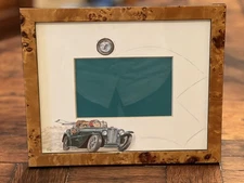 Bryn Parry Studios Driving MG TC & lost wheel Picture Frame Lacquered Burl Wood