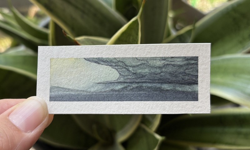 "Distant Storms. Version 3." Miniature watercolor landscape painting. OOAK
